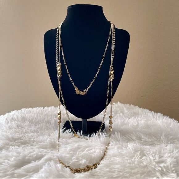 2/$20 New York & Company Gold Long Three Strand Necklace w/ Extender; BNWT - Picture 1 of 4